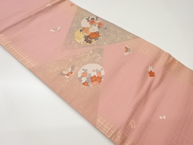 引箔菱に丸文・花々・蝶模様織出し名古屋帯